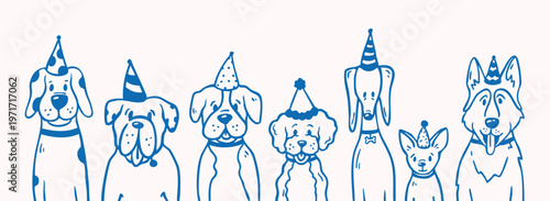 Cute vector line drawing of dogs at a party. Hand drawn greyhound, boxer, chihuahua, bulldog, and mixed breed dogs with party hats. Isolated elements.