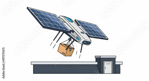 Drone installing solar panels on a roof with a package