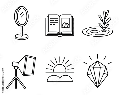 Collection of Simple Line Mirror, Book, Plant, Light, Sunrise, Diamond