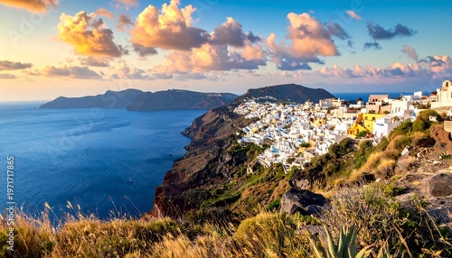 Scenic coastal view of Santorini island at sunset with clouds.