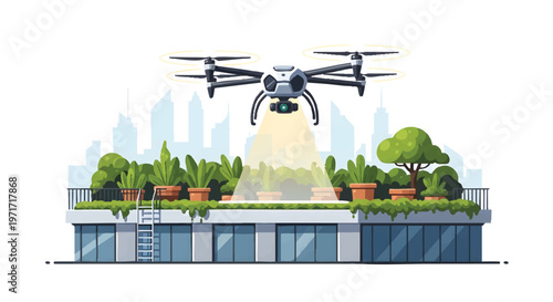 Drone delivering package on rooftop garden with cityscape background