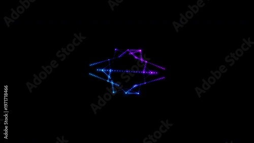 A rotating, glowing neon Metatron's Cube, composed of a multitude of tiny flashing dots and gradient purple, pink, and blue bulbs. Sacred Geometry. 4k 3D loop animation 60 fps.
