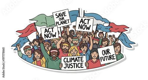 Diverse crowd protesting for climate justice and a sustainable future