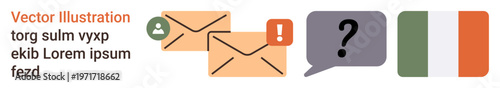 Email notifications, digital alerts, communication, online queries, Ireland, workflow management. Envelopes with icons, speech bubble with question mark and Irish flag. Email notifications