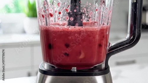 Closeup of a blender filled with fresh berries being pureed into a smoothie.