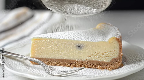 Delicious slice of cheesecake being dusted with powdered sugar.
