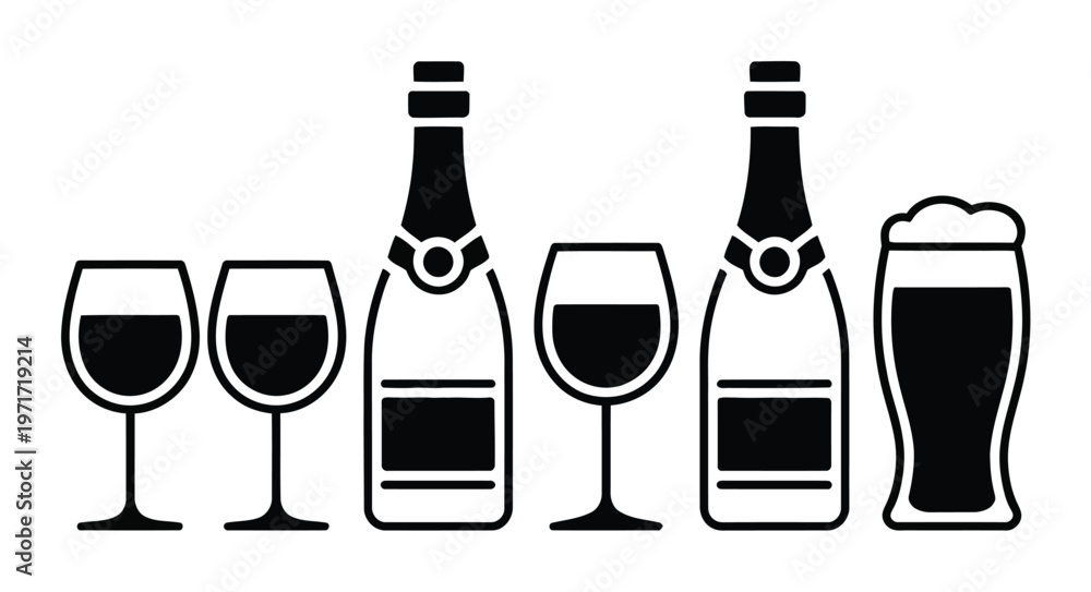 Εκτύπωση καμβά A collection of various alcoholic beverages depicted in a simple black and white
