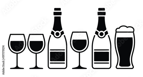 A collection of various alcoholic beverages depicted in a simple black and white style