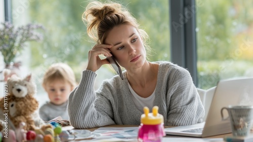 Overwhelmed parent working from home while managing a young child