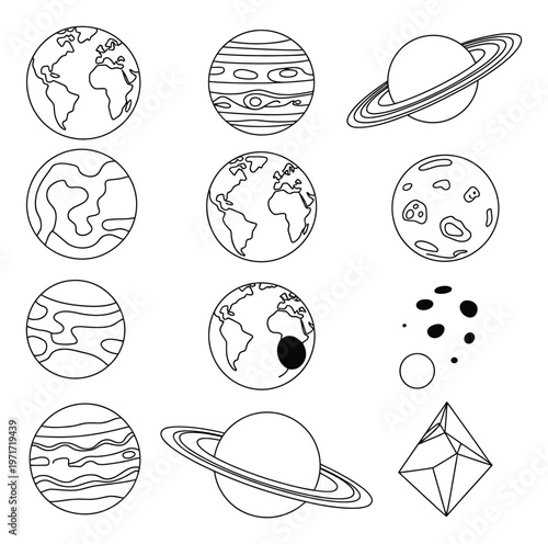 A collection of hand drawn planets asteroids and celestial bodies in a linear style