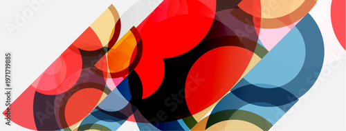 Abstract composition featuring overlapping colorful circles. Shapes create dynamic visual interplay, vibrant hues dominate design.