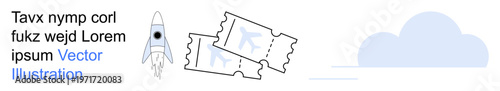 Travel, exploration, ticket booking, events, space exploration, adventure. Rocket launching with floating tickets and a cloud icon. Travel and exploration concept ion