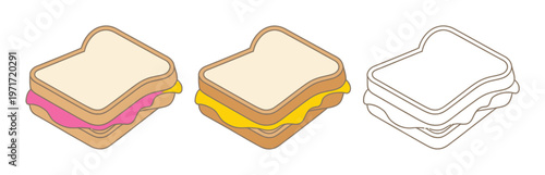 Three sandwich illustrations with varying levels of color and detail