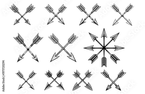 Crossed arrows set, vintage archery symbols, collection of retro woodcut style arrow illustrations, hand drawn tribal and hunting design elements