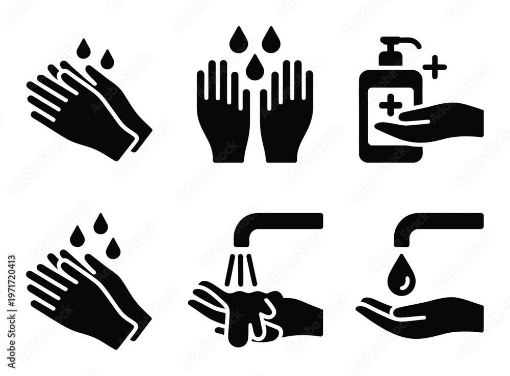 Fototapeta premium Hand hygiene illustrations depicting washing and sanitizing practices