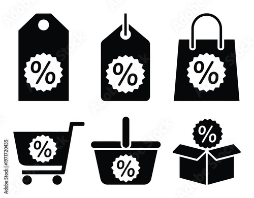 Black and white icons depicting shopping sales and percentage discounts