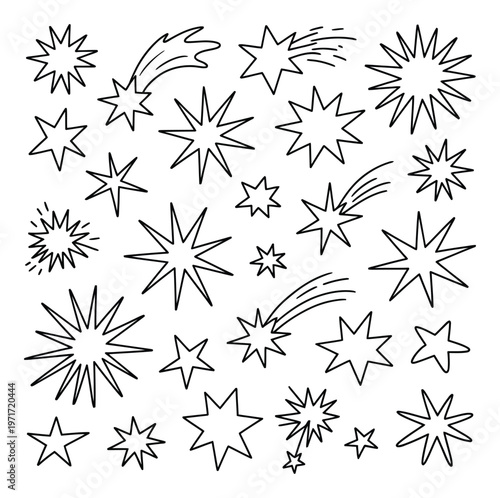Hand drawn stars and starbursts scattered across a white background