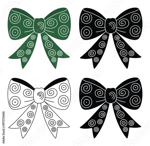 Four decorative bows with swirling patterns in contrasting colors