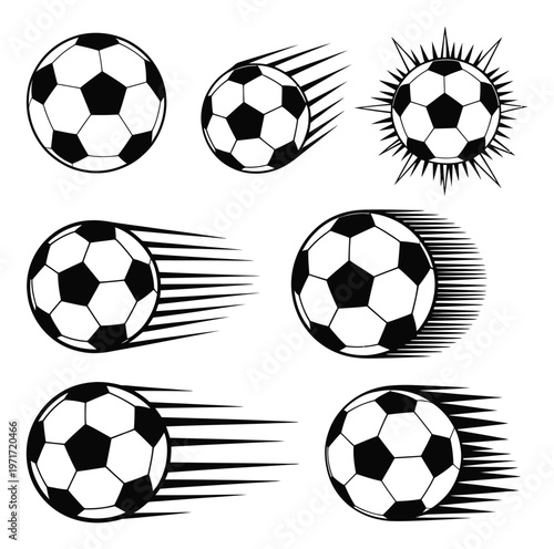 A collection of black and white soccer balls with motion effects