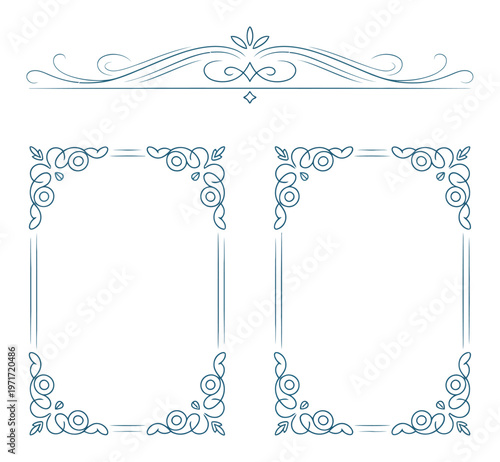 Elegant blue ornamental borders and flourishes for decorative design