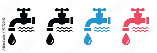 Four water tap icons in different colors with dripping water