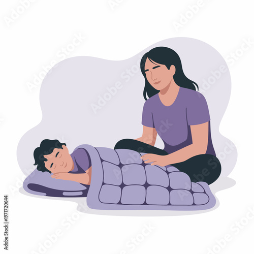 A mother sits beside her child who is sleeping peacefully under a quilt.