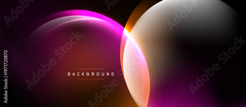 Abstract circles overlap, creating vibrant gradients. Pink, orange, white hues dominate dark background. Modern design element.