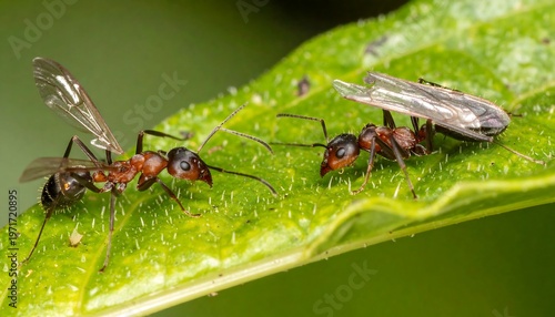 Close-up of Ants on a Green Leaf, Natures Tiny Wonders.
