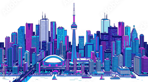 A vibrant, stylized illustration of the Toronto skyline featuring the iconic CN Tower and Rogers Centre, rendered in a palette of blues and purples.