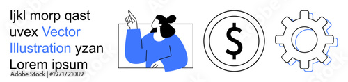 Business strategy, financial growth, teamwork concepts, workflow, economic solutions, innovation. Stylized person pointing, dollar sign gear icon. Financial growth and strategy ion