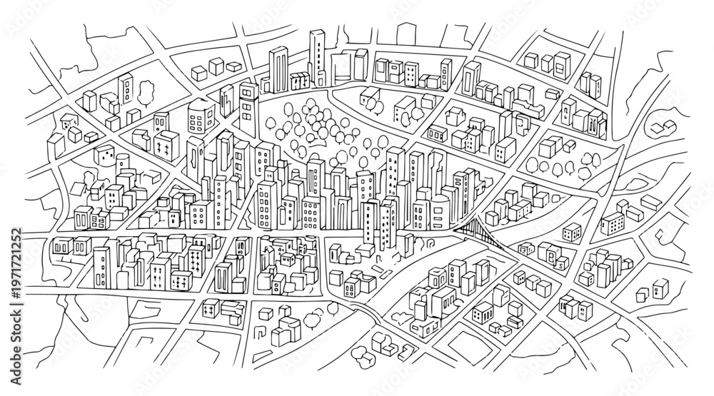 Fototapeta premium Urban city map aerial view line drawing with buildings streets and residential blocks architecture concept
