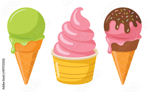 Three delicious ice cream cones with different flavors and toppings