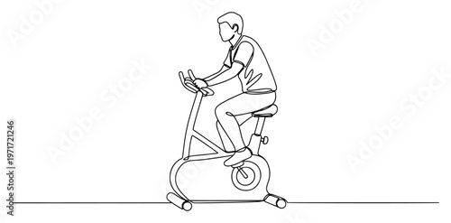 Man training on stationary exercise bike one line drawing fitness and cardio workout concept