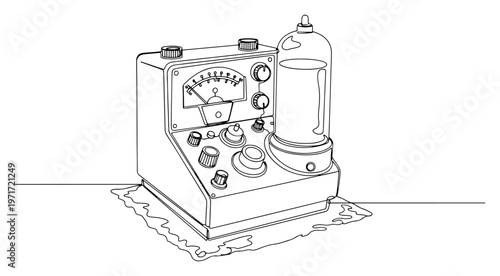 Vintage medical laboratory device with gauge and glass bottle line art scientific retro equipment