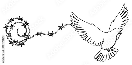 Peace dove flying from barbed wire one line drawing symbol of freedom hope and human rights