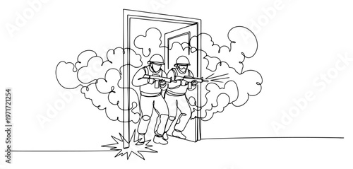 Special forces soldiers breaching door tactical operation one line drawing military SWAT team in smoke