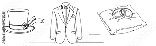 Wedding icons set one line drawing of groom tuxedo suit top hat and rings on pillow for marriage ceremony