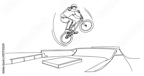 BMX rider jumping in skatepark one line drawing vector illustration of extreme cycling sport concept