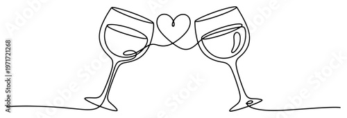Two wine glasses with heart one line drawing vector illustration for romantic date or wedding toast