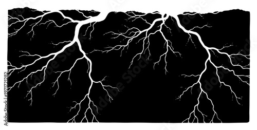 Tree roots spreading underground or lightning strike on dark background vector illustration