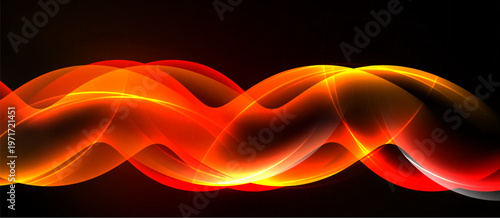 Dynamic red waves flow across black background. Bright, smooth curves create energetic visual impact. Vivid color gradients present motion.