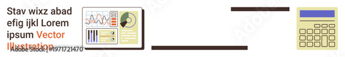 Data analysis, finance, workflow, calculations, process management, technology. Graphical data panels linked to a calculator. Data analysis and finance