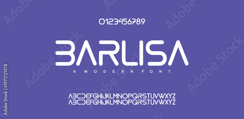 BARLISA Virtual font, digital cyber alphabet made space future design, uppercase Latin letters A-Z and Arab numerals 0-9 trendy style, vector illustration 10EPS