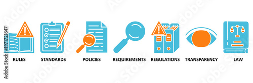 Compliance icon set Aqua Orange Flat concept for rules, standards, policies, requirements, regulations, transparency, and law