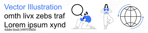 Research and analysis, self-reflection, global connectivity, problem-solving, digital communication, teamwork concepts. One person examining with a magnifying glass, another in a meditative pose