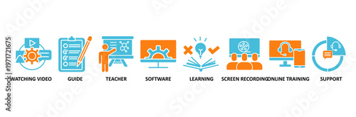 Video tutorial icon set Aqua Orange Flat concept for watching video, guide, teacher, software, learning, screen recording, online training, support