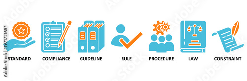 Regulation icon set Aqua Orange Flat concept for standard, compliance, guideline, rule, procedure, law and constraint