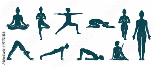 Yoga Poses Silhouette, Woman Stretching Exercises, Asana Set. Collection of Various Yoga Positions for Healthy Lifestyle, Mindfulness and Exercise Routine. Vector Isolated on White Background