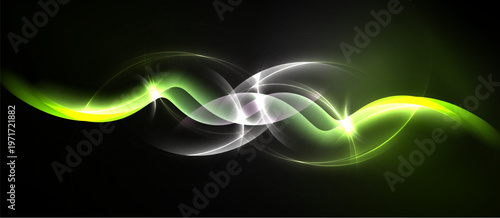 Abstract waves, vibrant green, white light. Dynamic energy flows, smooth curves, dark background creates contrast. Modern design element.