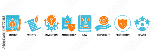 Intellectual property icon set Aqua Orange Flat concept for trademark with icon of design, patents, invention, authorship, law, copyright, protection, and brand